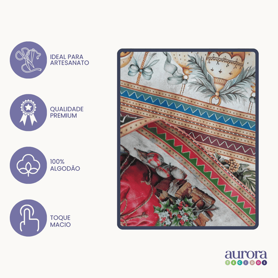 Tricoline Digital 100% Algodão - Coleção Barrado Natal - Estampa Decorações Natalinas