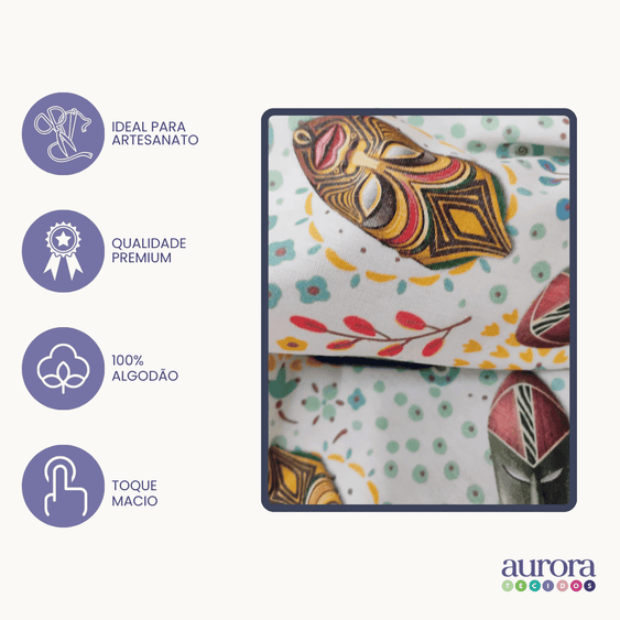 Tricoline Digital 100% Algodão - Coleção Volta ao Mundo - Estampa Mascaras Africanas