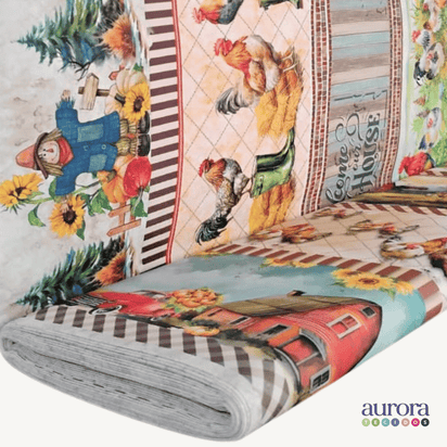 Tricoline Digital 100% Algodão - Coleção Bella Cucina - Barrado Sítio com Girassol