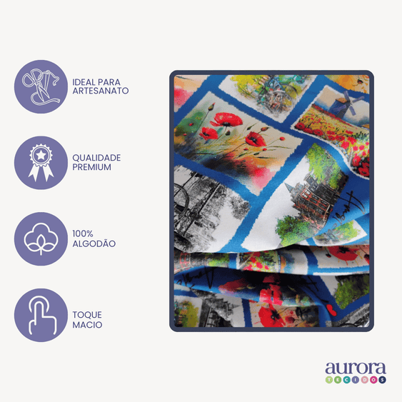 Tricoline Digital 100% Algodão - Coleção Volta ao Mundo - Holanda Turismo