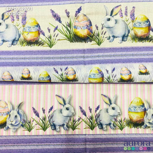 Tricoline Digital 100% Algodão - Coleção Barrado Páscoa / Estampa Coelho e Lavanda