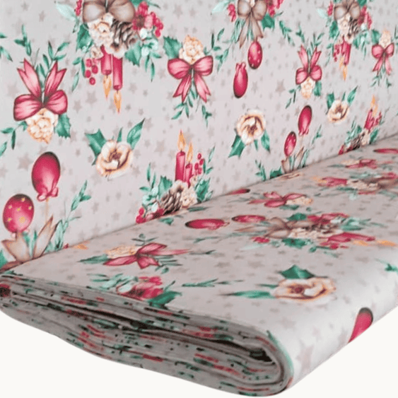 Tricoline Digital 100% Algodão - Coleção Natal - Estampa Velas e Flores