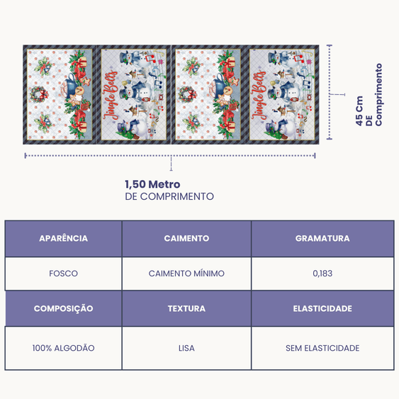 Tricoline Digital 100% Algodão - Molde Jogo Americano - Estampa Boneco de Neve