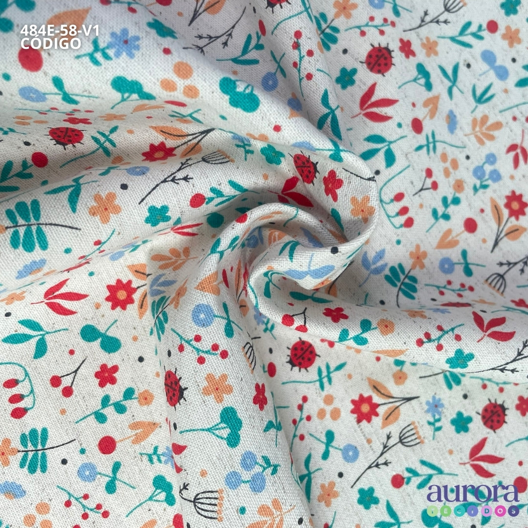 Cotton Linen - Linho com Algodão - Floral e Joaninhas