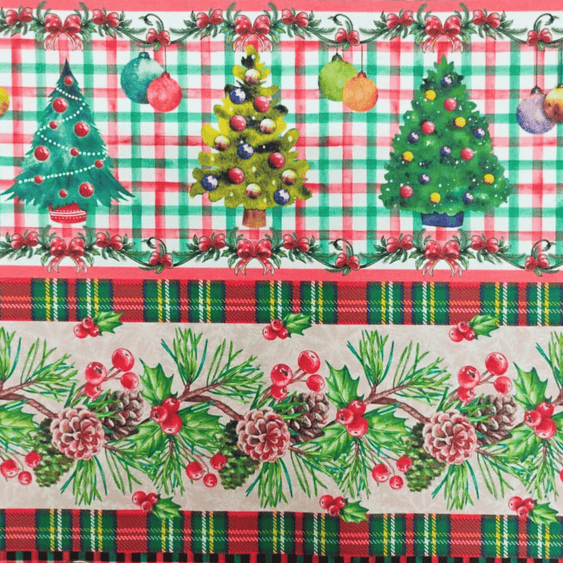 Tricoline Digital 100% Algodão - Coleção Natal - Barrado Árvore de Natal