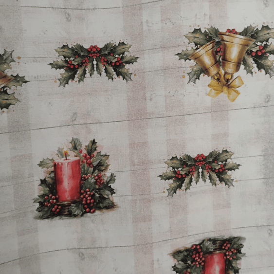 Tricoline Digital 100% Algodão - Coleção Natal - Estampa Sinos e Velas de Natal
