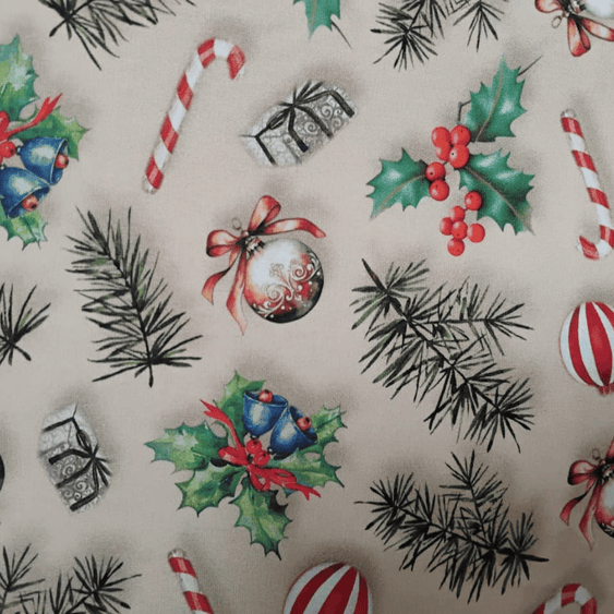 Tricoline Digital 100% Algodão - Coleção Natal - Estampa Enfeites de Natal
