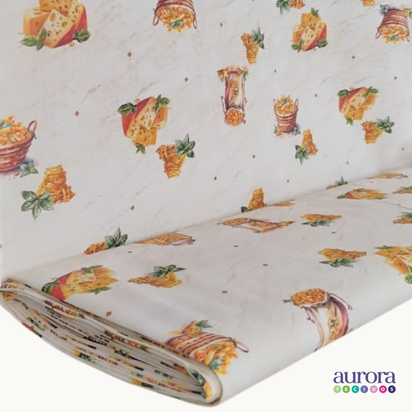 Tricoline Digital 100% Algodão - Coleção Artesanato - Estampa Macarrão com Queijo