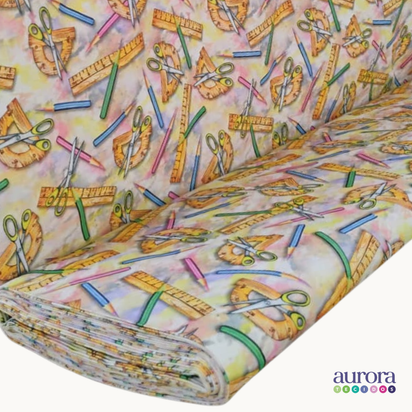 Tricoline Digital 100% Algodão - Coleção Escolar- Estampa Tesouras e Esquadros