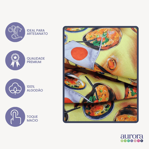 Tricoline Digital 100% Algodão - Coleção Volta ao Mundo - Japão Comida