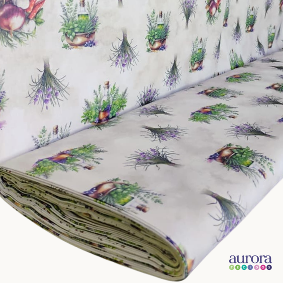 Tricoline Digital 100% Algodão - Coleção Artesanato - Estampa Ervas e Aromas -