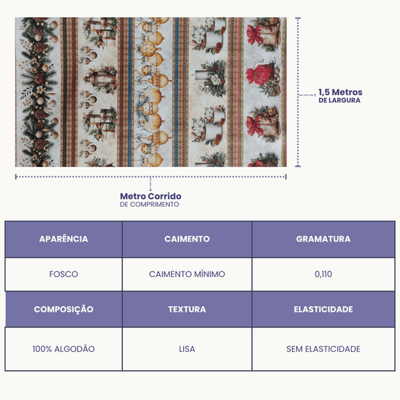 Tricoline Digital 100% Algodão - Coleção Barrado Natal - Estampa Decorações Natalinas