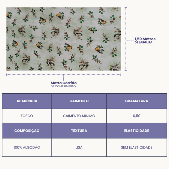 Tricoline Digital 100% Algodão - Coleção Artesanato - Estampa Ramos e Pássaros