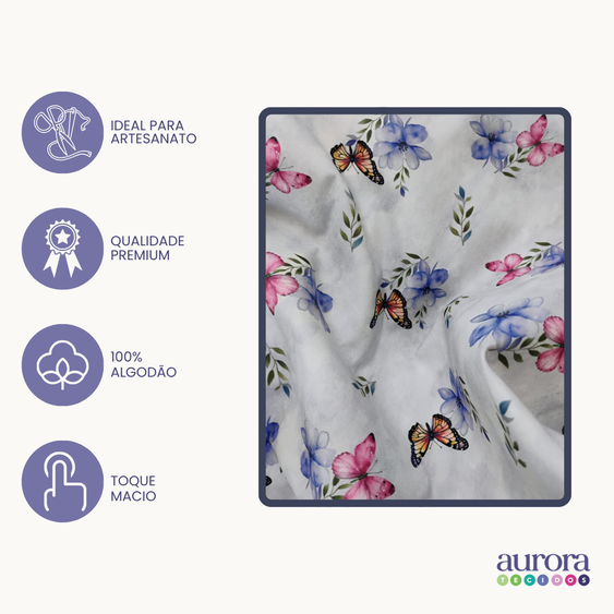Tricoline Digital 100% Algodão -Coleção Artesanato - Estampas Borboletas ao Vento