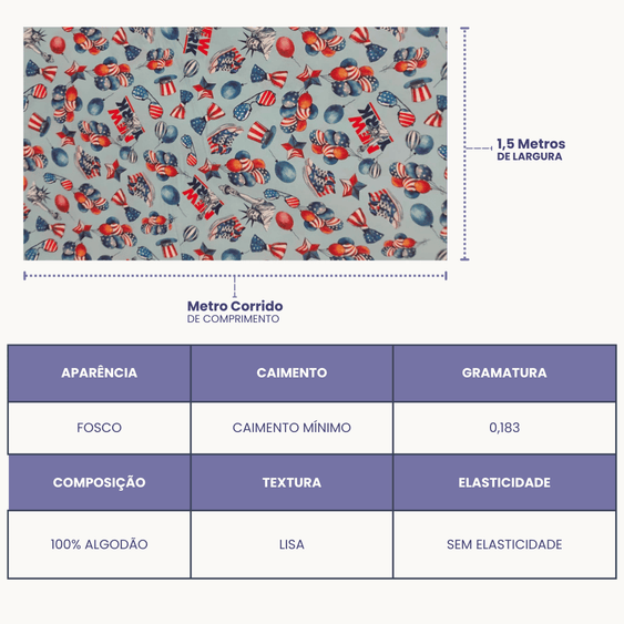 Tricoline Digital 100% Algodão - Coleção Volta ao Mundo - Estados Unidos Cultura