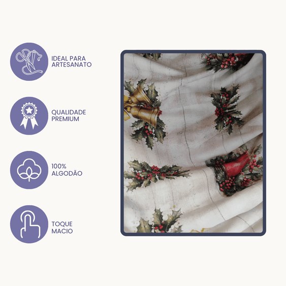 Tricoline Digital 100% Algodão - Coleção Natal - Estampa Sinos e Velas de Natal