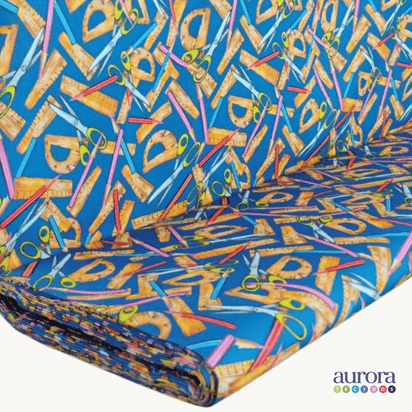 Tricoline Digital 100% Algodão - Coleção Escolar - Estampa Réguas e Tesouras