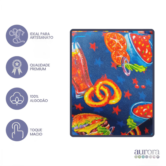 Tricoline Digital 100% Algodão - Coleção Volta ao Mundo - Estados Unidos Comida