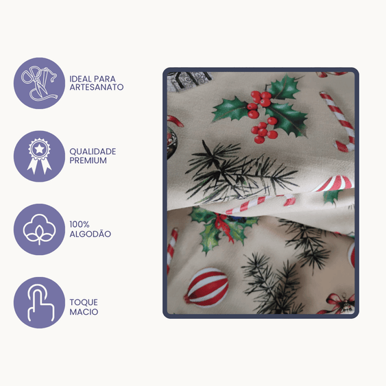 Tricoline Digital 100% Algodão - Coleção Natal - Estampa Enfeites de Natal