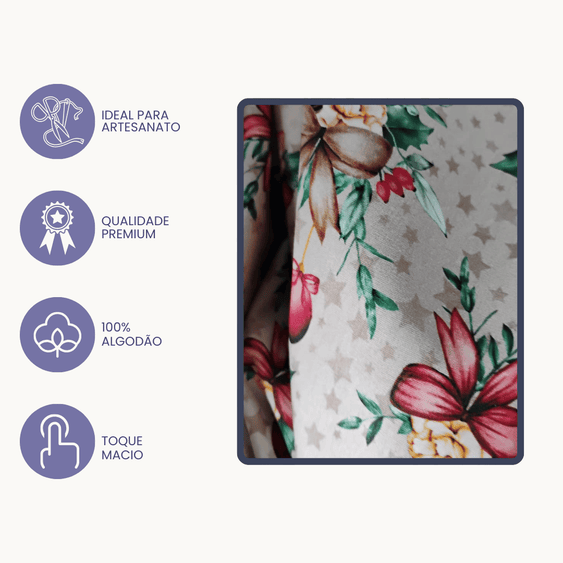 Tricoline Digital 100% Algodão - Coleção Natal - Estampa Velas e Flores