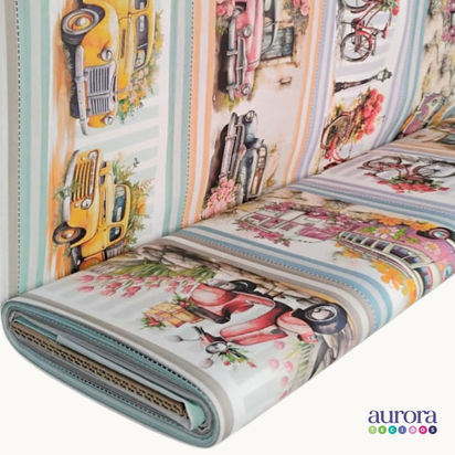 Tricoline Digital 100% Algodão - Coleção Barrados - Estampa Veículos