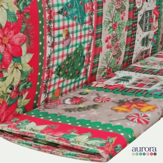 Tricoline Digital 100% Algodão - Coleção Natal - Barrado Árvore de Natal