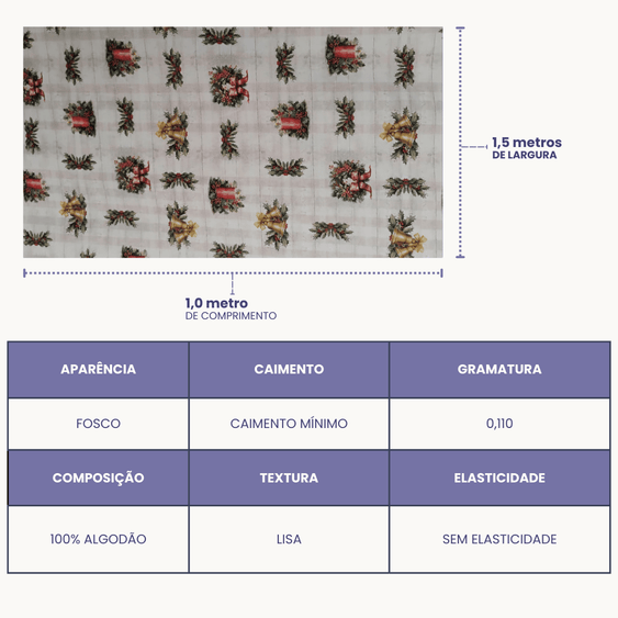 Tricoline Digital 100% Algodão - Coleção Natal - Estampa Sinos e Velas de Natal