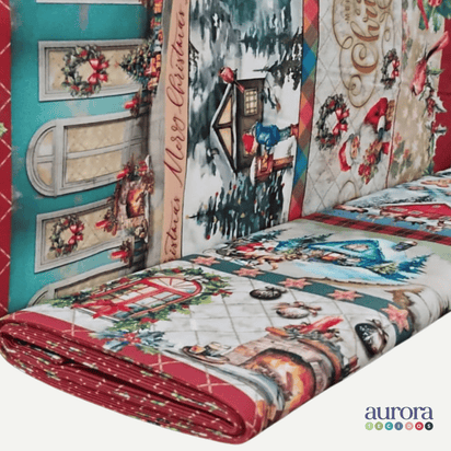 Tricoline Digital 100% Algodão - Coleção Natal - Barrado Trenó de Natal