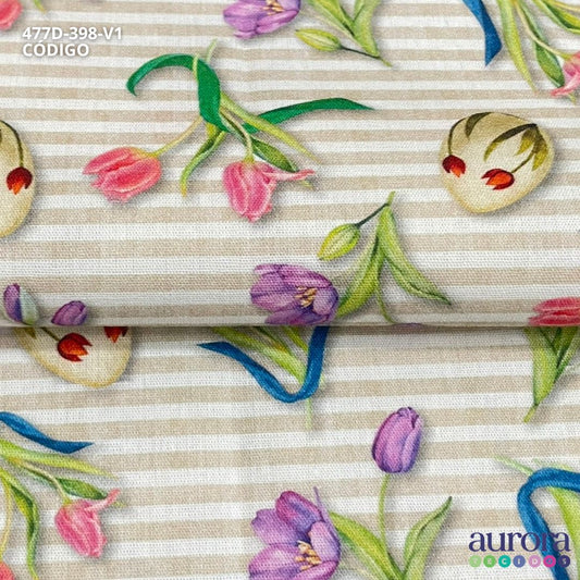 Tricoline Digital 100% Algodão - Páscoa Encantada - Estampa Listra e Flores