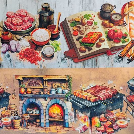 Tricoline Digital 100% Algodão - Coleção Bella Cucina - Barrado Churrasco