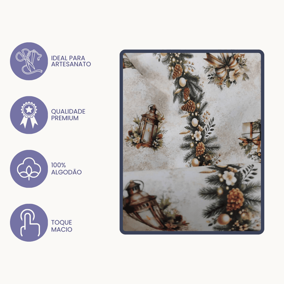 Tricoline Digital 100% Algodão - Coleção Natal - Estampa Guirlanda de Natal