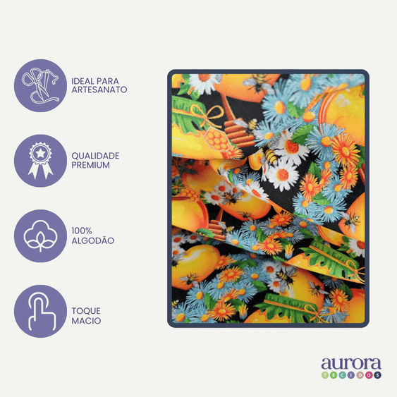 Tricoline Digital 100% Algodão - Coleção Geleia e Mel - Abelhas I