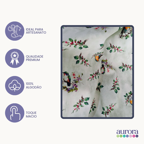 Tricoline Digital 100% Algodão - Coleção Artesanato - Estampa Ramos e Pássaros