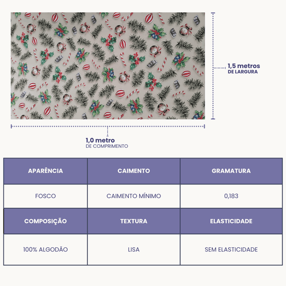 Tricoline Digital 100% Algodão - Coleção Natal - Estampa Enfeites de Natal