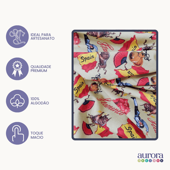 Tricoline Digital 100% Algodão - Coleção Volta ao Mundo - Espanha Cultura