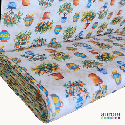 Tricoline Digital 100% Algodão - Coleção Artesanato - Estampa Laranjeiras