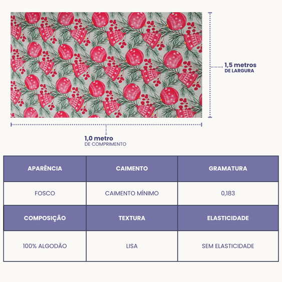 Tricoline Digital 100% Algodão - Coleção Natal Encantado - Sinos Natalino