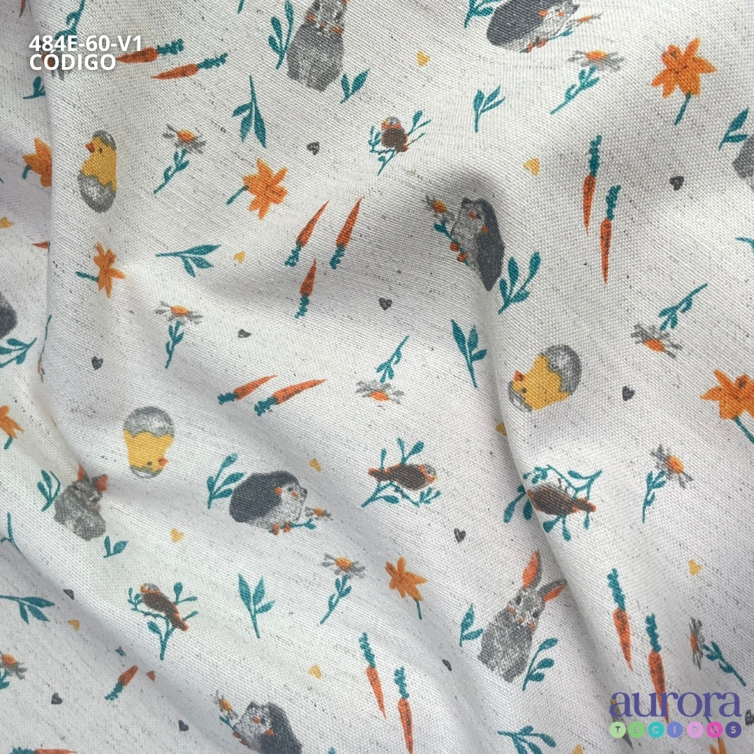 Cotton Linen - Linho com Algodão - Estampa Coelho e Pintinhos