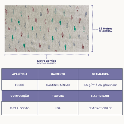 Tecido Linho com Algodão -  Coleção Artesanato - Estampa Desenho de Peixes