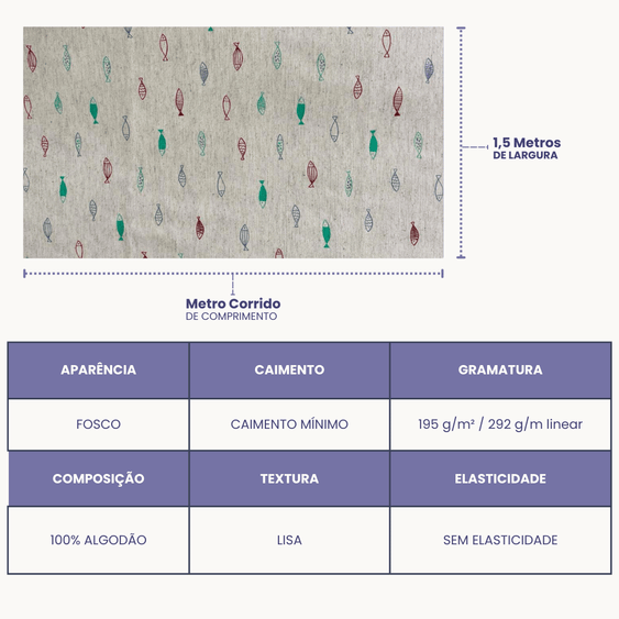 Tecido Linho com Algodão -  Coleção Artesanato - Estampa Desenho de Peixes