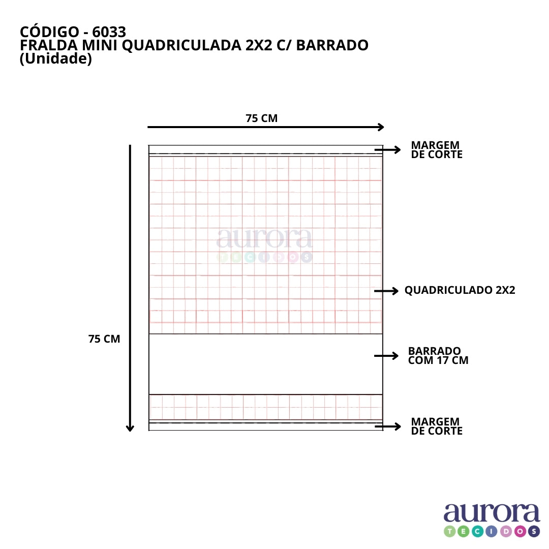 Fralda Lisa Mini Quadriculada 2x2 c/ Barrado - 0,75 x 0,75