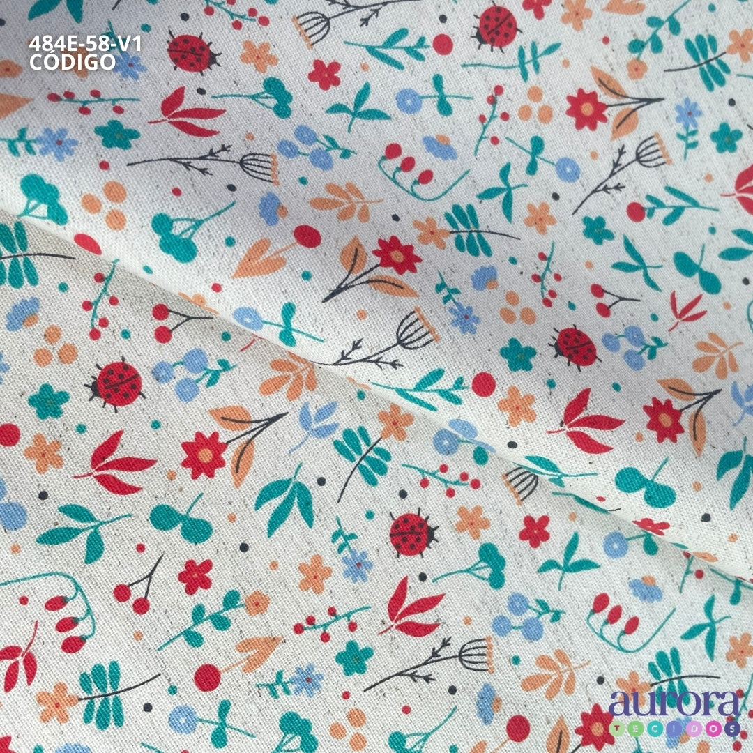 Cotton Linen - Linho com Algodão - Floral e Joaninhas