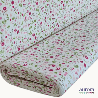 Tecido Linho com Algodão -Coleção Artesanato - Estampa Floral e Joaninhas