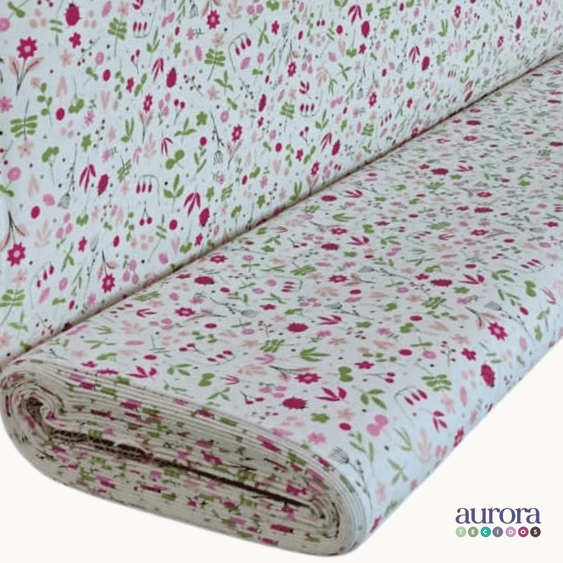 Tecido Linho com Algodão -Coleção Artesanato - Estampa Floral e Joaninhas