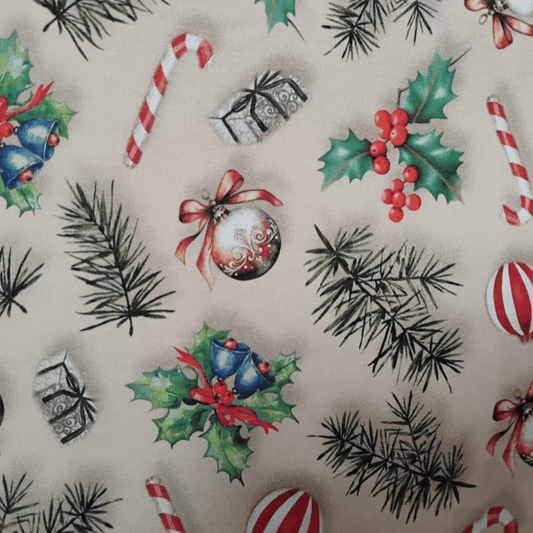 Tricoline Digital 100% Algodão - Coleção Natal - Estampa Enfeites de Natal