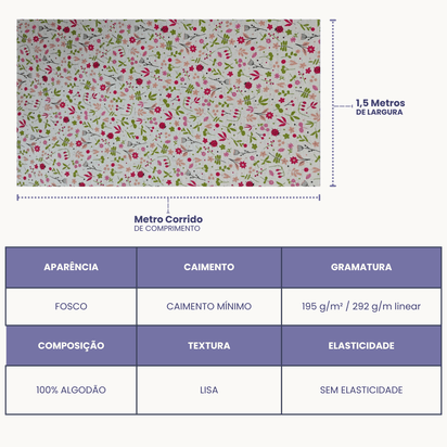 Tecido Linho com Algodão -Coleção Artesanato - Estampa Floral e Joaninhas