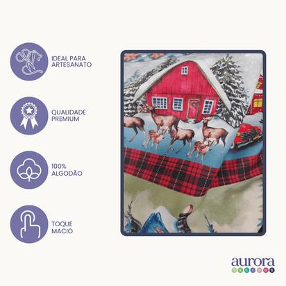 Tricoline Digital 100% Algodão - Coleção Natal - Barrado Trenó de Natal