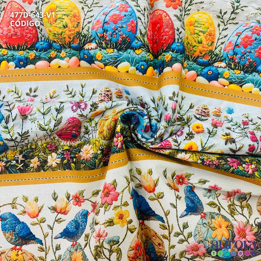 Tricoline Digital 100% Algodão - Barrado Páscoa Encantada Flor