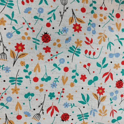 Tecido Linho com Algodão -Coleção Artesanato - Estampa Floral e Joaninhas