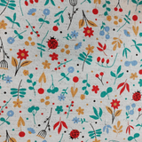 Tecido Linho com Algodão -Coleção Artesanato - Estampa Floral e Joaninhas